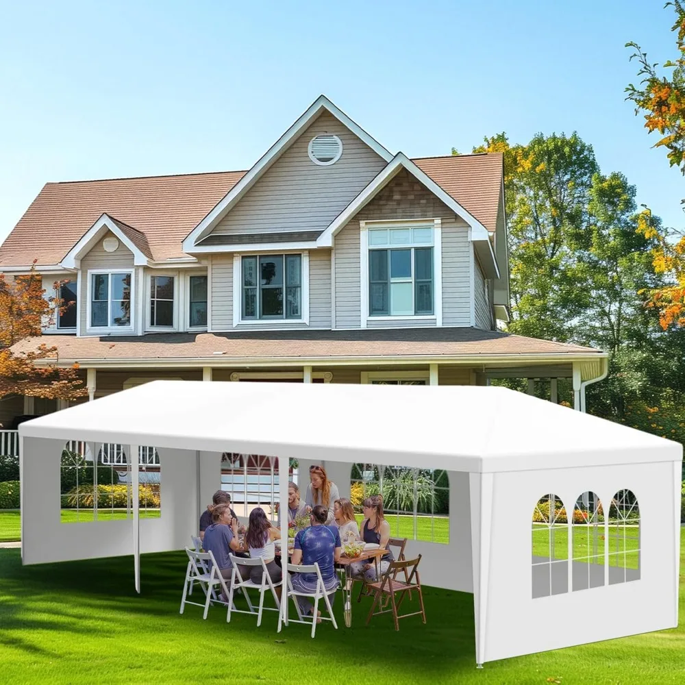 

10' x 30' White Canopy Tent with 5 Removable Sidewalls, Outdoor Patio Gazebo with Transparent Windows, Shade Shelter Tents Ideal