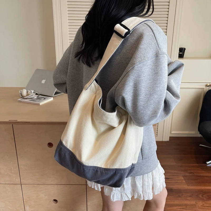 

Patchwork Canvas Women's Bag Simple Shoulder Bag Vintage Eco Bag Korean Messenger Bag Y2K Pocket Fashion Handbag Travel Mailbag