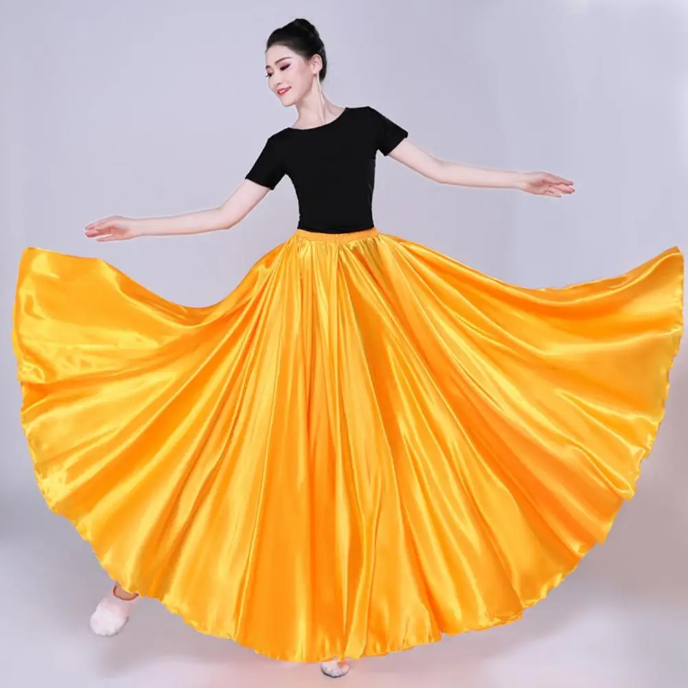 Solid Color Skirt Elegant Satin Performance Skirt with Elastic Waist Pleated Hem for Swing Dancing Belly Dance Spanish Dance