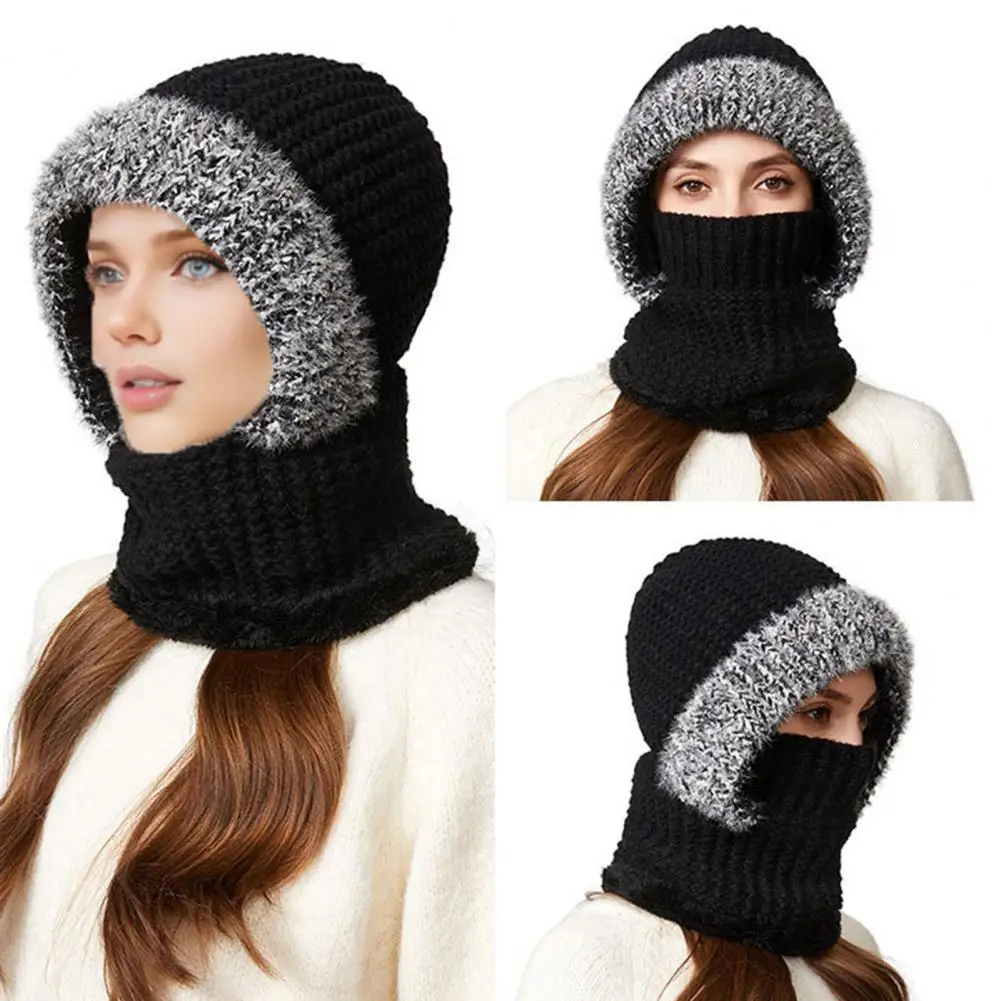 قبعة شتوية مناسبة على شكل قبعة 3 1 طقم قبعات متماسكة مع حواف قطيفة وبطانة مخملية وشاح شتوي مقاوم للرياح مبطن بالصوف واقي وجه للنساء #3