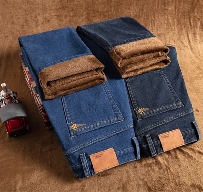Warm Men Jeans Winter Warm Thicken Fleece Trousers Loose Straight Business Casual Denim   Plus Size 44 46 48 Classic Pants
