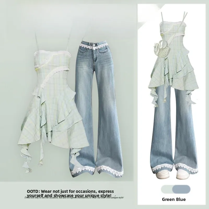 

Summer Elegance Women's Korean Style Dopaamine Design Lace Splice Denim Pants And Halter Dress Two-Piece Set Fashionable Outfit
