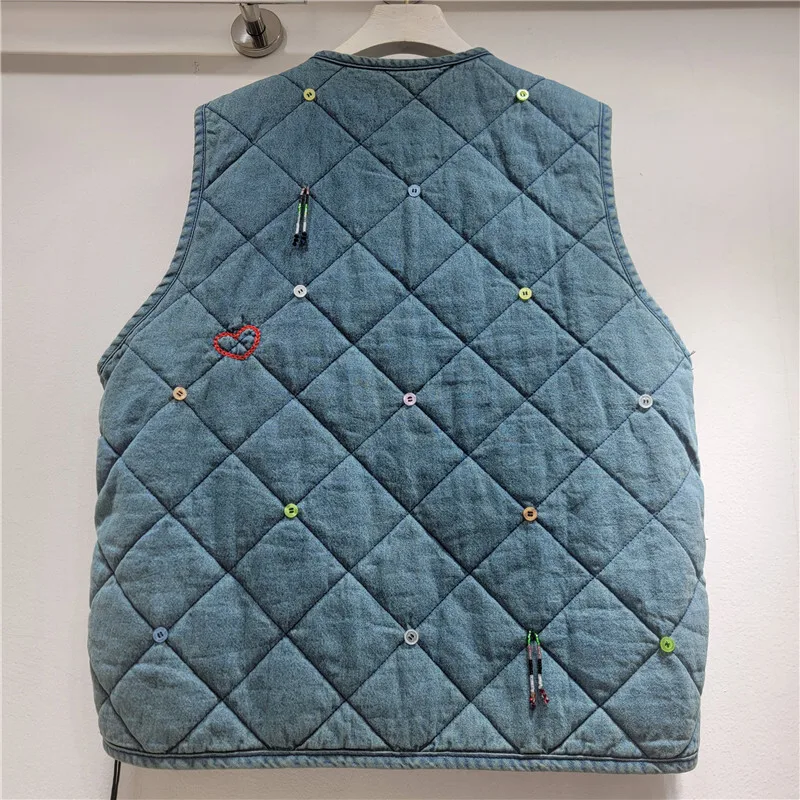 HKSH Autumn Winter New Women Warm Waistcoat V-neck Single Breasted Letter Embroideried Trendy Denim Cotton-padded Jacket HK13764