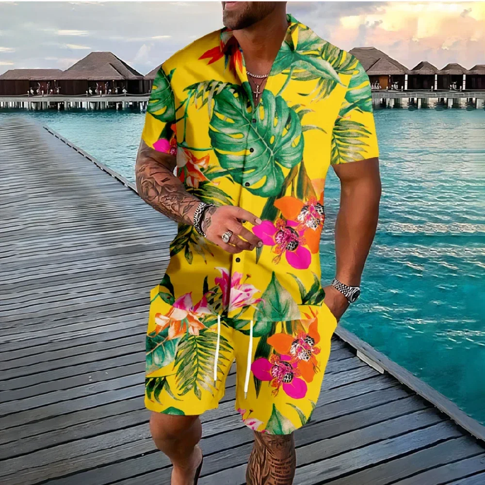 Hawaiian Palm Tree Florals Button Shirts Shorts Sets Colors Flower Streetwear Brand Tracksuits Casual Beach Men Clothing