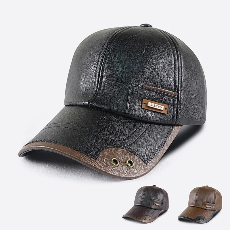 Retro PU Leather Baseball Cap Men Fall Winter Dad Hat Middle-aged Driving Hat Brown Black Trucker Cap Adjustable