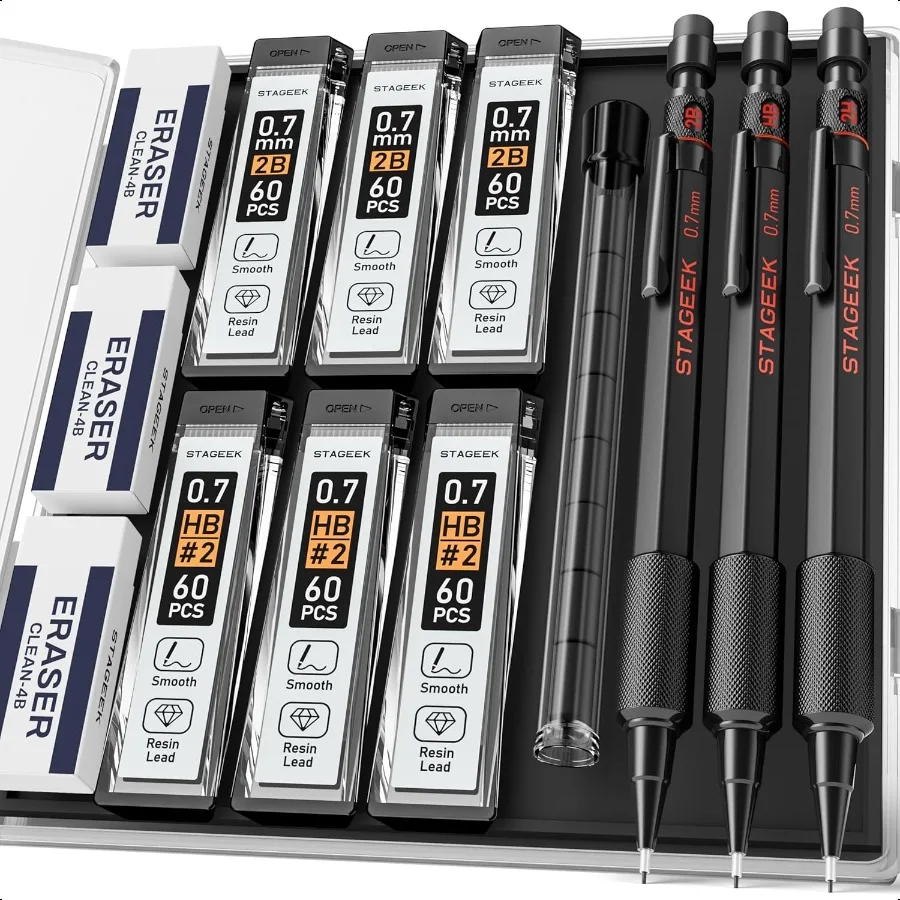

0.7mm Mechanical Pencil Set 3PCS Metal Mechanical Pencils 0.7mm with 6 Tubes HB 2B Lead Refills Erasers Weatherproof Artist Pen