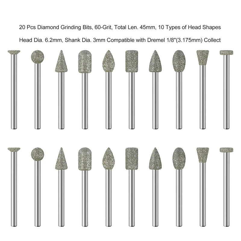 20Pcs 60Grit Grinder Bit 1/8In Shank Compatible for Stone Glass Resin Porcelain Ceramic Quartz Glaze Steel Carve