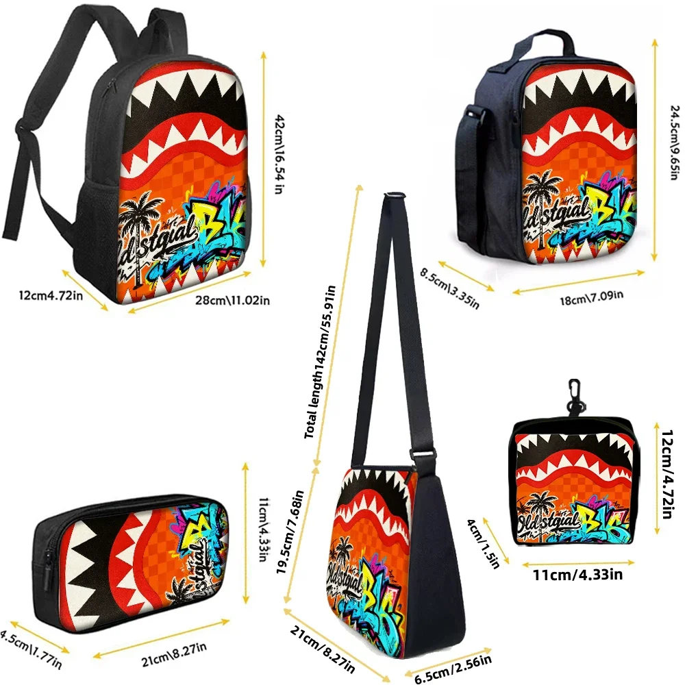 1/2/3/4/5PCS Trendy Shark Graphic Backpack Set | Perfect for School & Daily Adventures