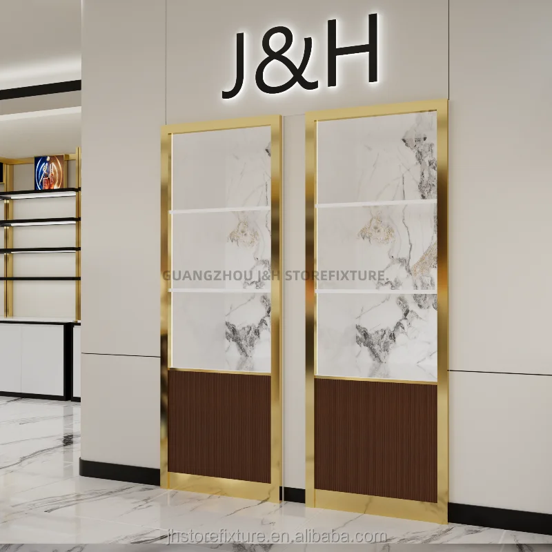 ตู้โชว์น้ำหอมหรูหราสีทองแบบติดผนัง ดีไซน์ตกแต่งร้านค้าและโชว์เครื่องประดับสั่งทำพิเศษจากโรงงาน