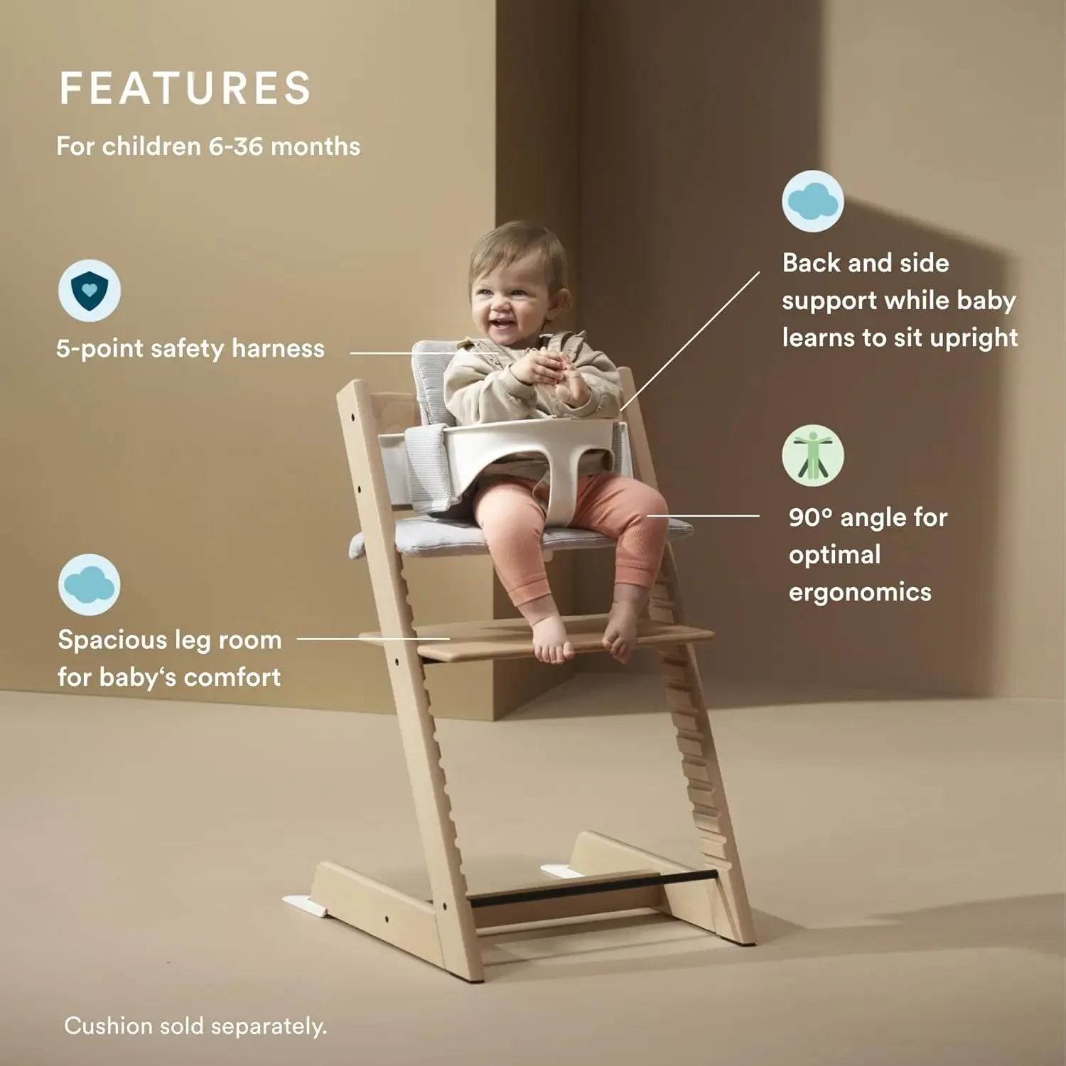 Chair 2, Natural - Includes Chair + Baby Set with Removable Harness for Children 6-36 Months - Adjustable, Ergonomic & Easy