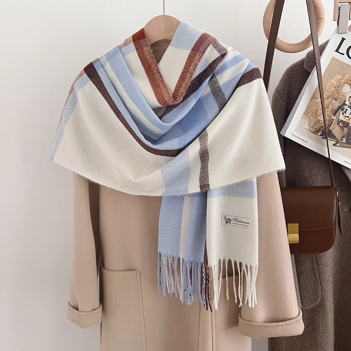 

2025 Plaid Faux Cashmere Scarf，Winter Warm Fringe Shawl Wrap, Vintage Style Two-Way Neck Warmer Hijab Hair Scarf for Women Men