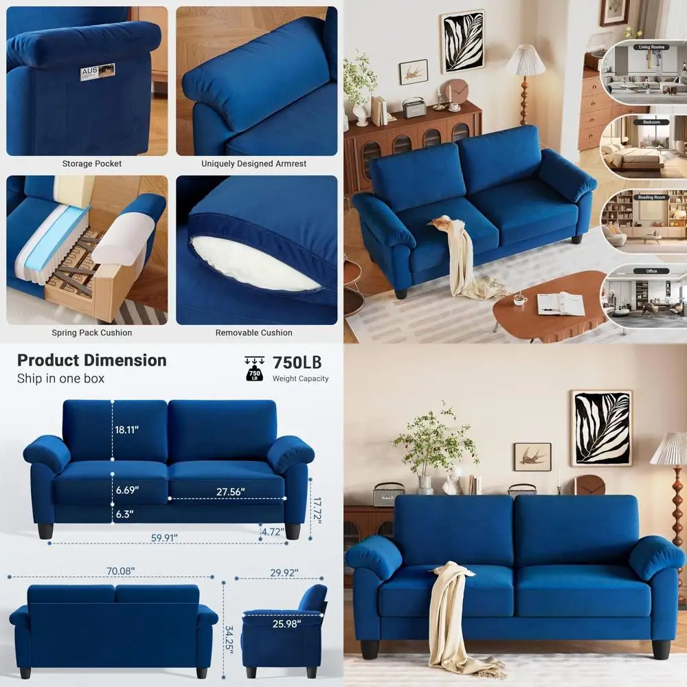 

Blue Velvet Loveseat with Storage, Removable Cover, Suitable for Living Room and Small Spaces, Easy Assembly