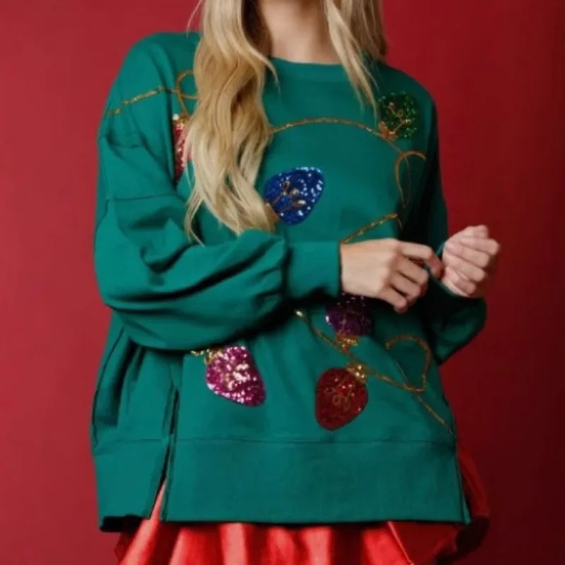 Fashion Sequin Sweatshirts Split Women Cotton Long Sleeves Pullovers Spring Women Tops Loose Hoodie Women Clothing