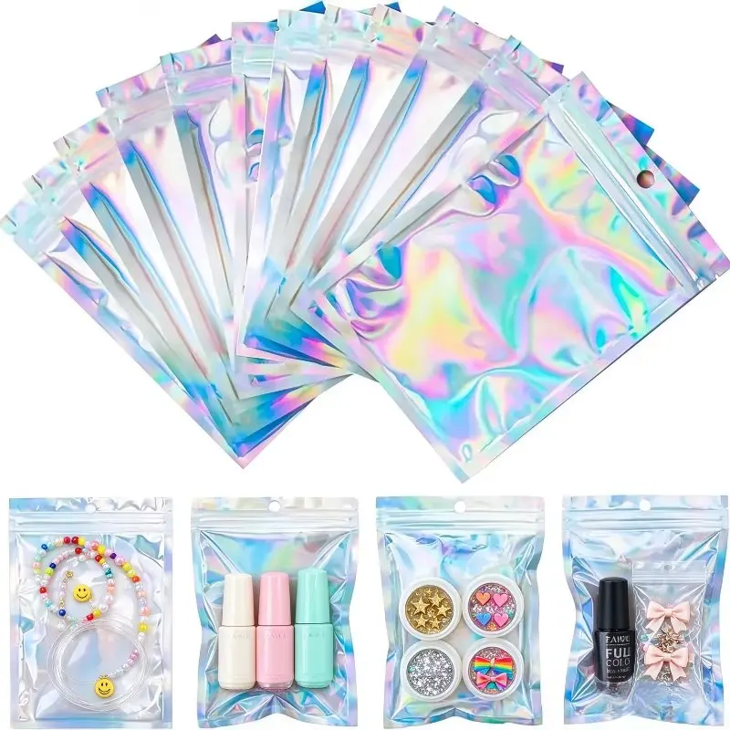 100pcs Holographic Resealable Mylar Bags Ziplock Candy Suger Tee Jewelry Beauty Storage Bag