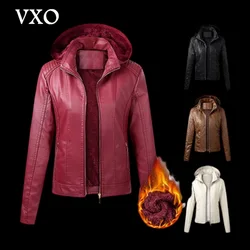 Chaqueta de cuero con capucha para mujer, abrigo de piel sintética, abrigo cálido, prendas de vestir, Otoño e Invierno