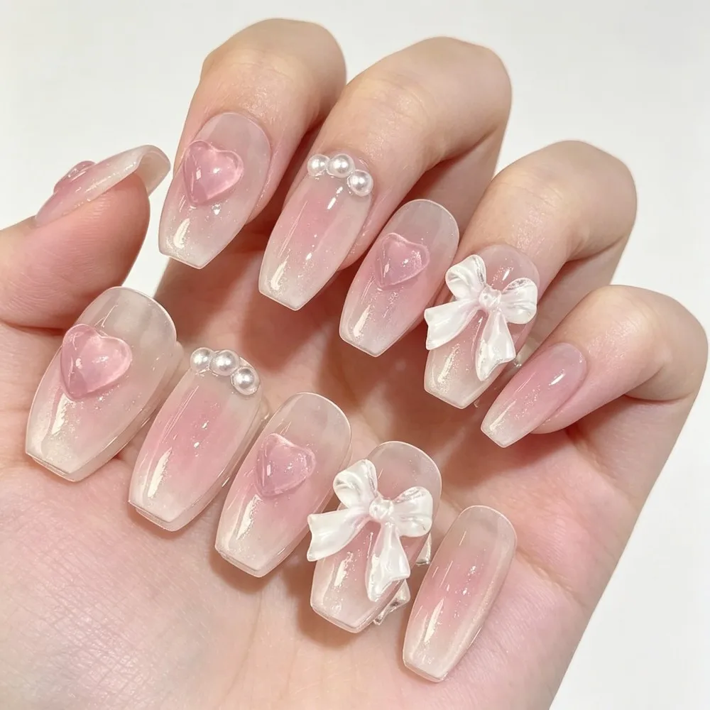 Cute Pink Sweet Princess Removable Handmade Wear Nail Art Y2K Vitality Girl Short Fake Nails Blush Bow Nail Patch view 4