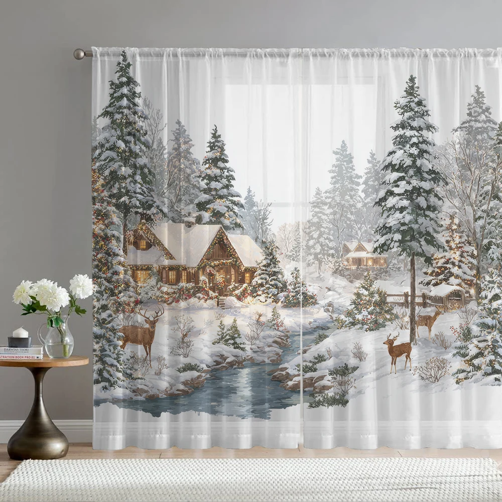 

2Pcs Reindeer Wooden House Forest Snow Landscape Print Home Decoration Window Screens Suitable For Restaurants, Bedrooms