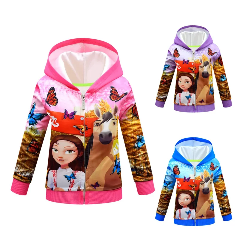 Lucky & Mustang Spirit Horse Cartoon Kids Hooded Hoodies Girls Clothes Children Sweatshirts Autumn Baby zipper Pullover Tops