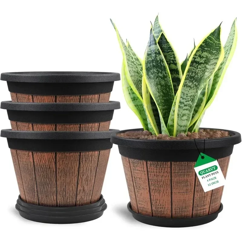 

Large 4 Pack 14 inch Plant Pots,Whiskey Barrel Planters with Drainage Holes & Saucer,Plastic Decoratio