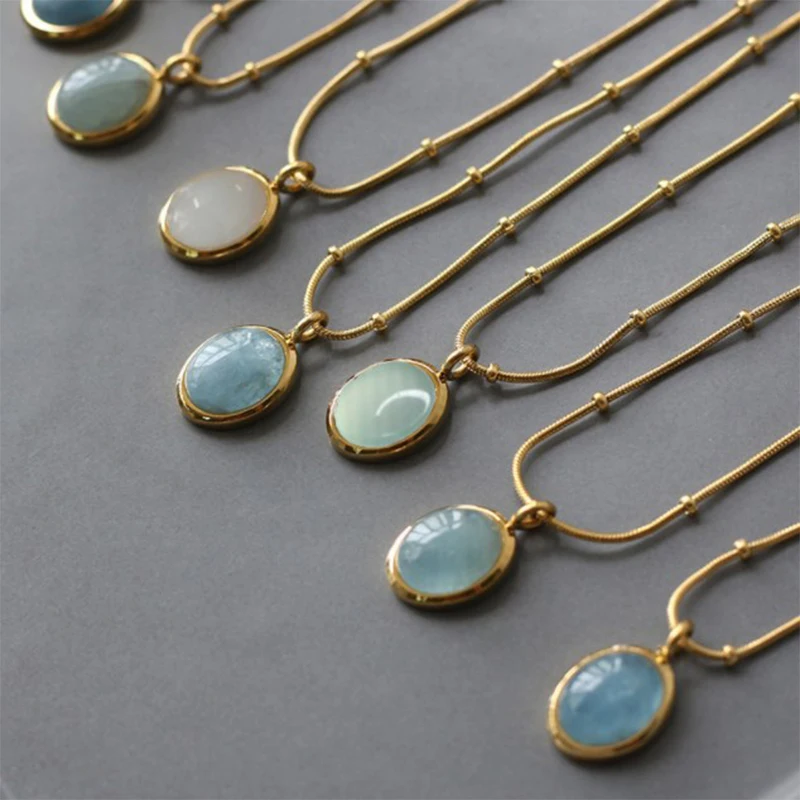 1PCS Natural Stone Pendant Gold Color Choker Necklaces Stainless Steel Round Opal Necklace For Women Girls Vintage Jewelry