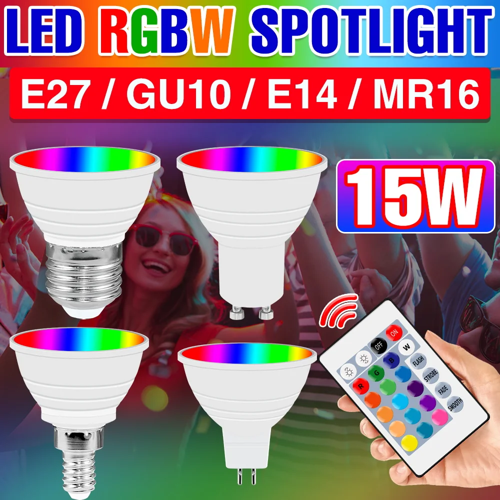 15w rgbw lâmpada led e27/e26 colorido holofote gu10 lâmpada do teto e14 ir controle remoto regulável mr16 para festa em casa decorar