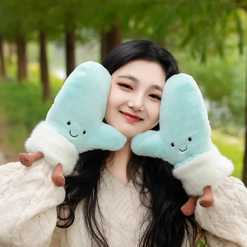 

Kawaii Winter Glove Plush Pillow Stuffed Pink Blue Small Plushie Smiling Face with Legs Warm Gift