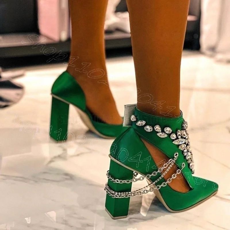 

Crystal Foliage Chain Green Pointy Toe Pumps Hook and Loop Fastener Women Shoes Chunky High Heels Party 2026 Zapatos Para Mujere
