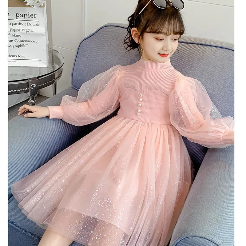 2025 الخريف المراهقين الفتيات القماش الأبيض طويلة الأكمام حفلة شبكة محبوكة الدانتيل الطبقات الربط فستان الأميرة الأطفال 4 10 12 سنة