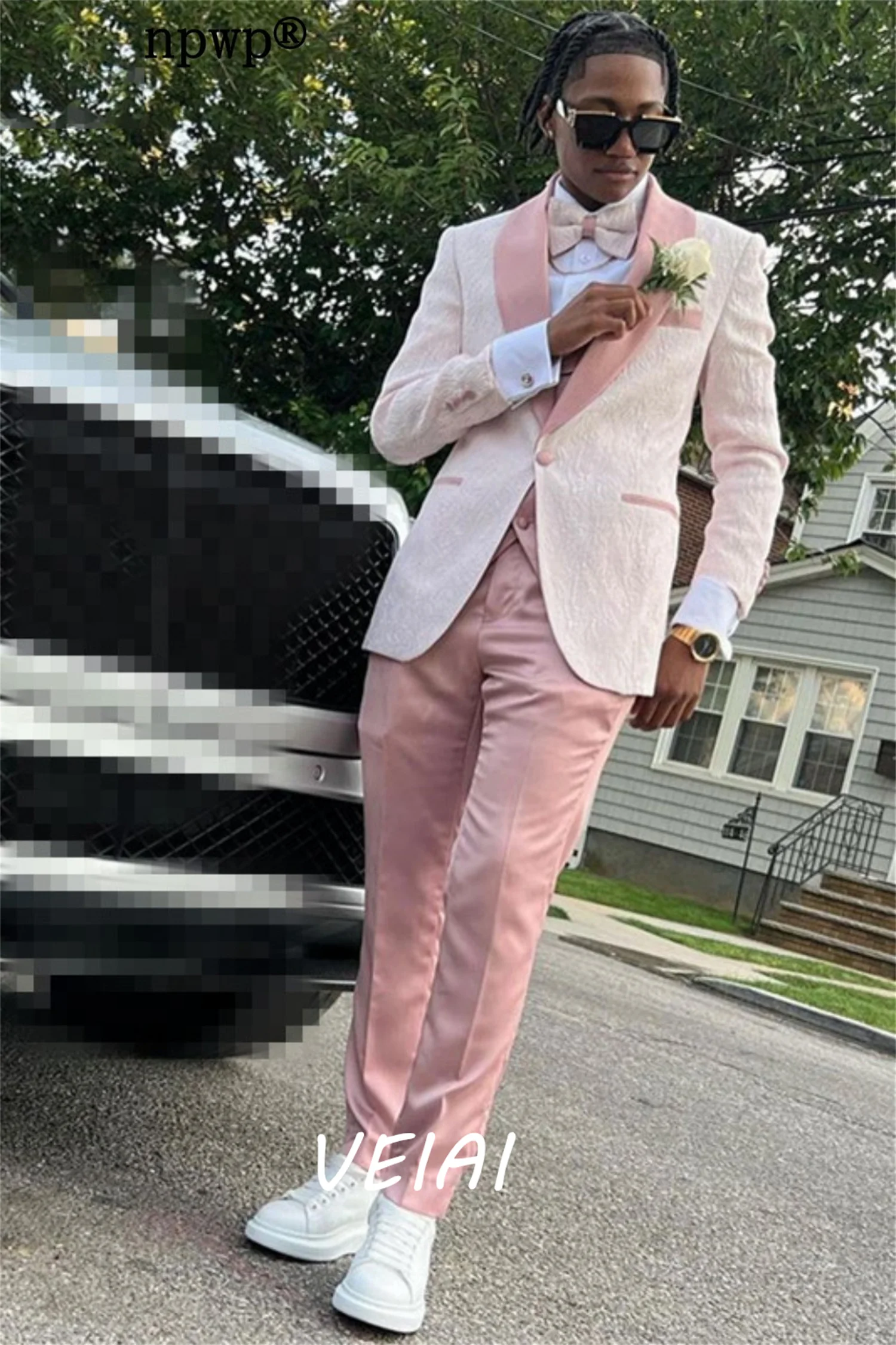

CustomPale Pink Jaquard Suits for Men 3 Pieces One Button Blazer Tuxedos Suit Set Prom Party Homecoming Student Clothes Coat+Ves