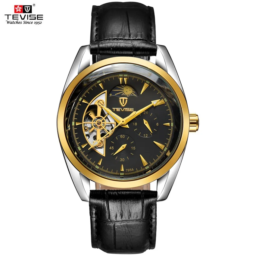 Fashion Tevise Top Brand Automatic Mechanical Leather Tourbillon Waterproof Moon Phase Watches Luminous Male Clock Leather Hour