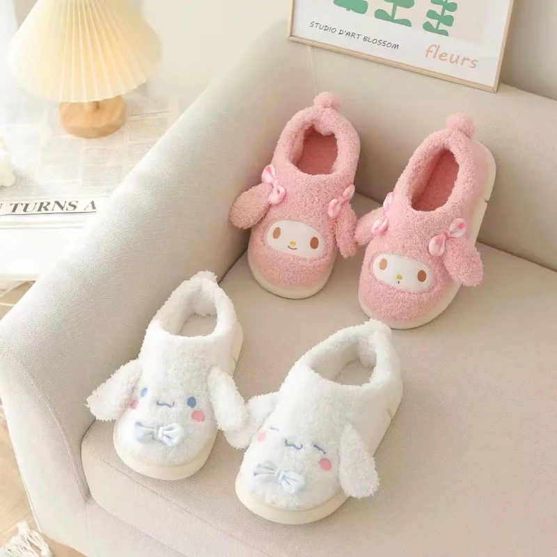 Sanrio Kulomi cute sweet warm home women's shoes Melody cartoon bow non-slip thick-soled plush cotton slippers