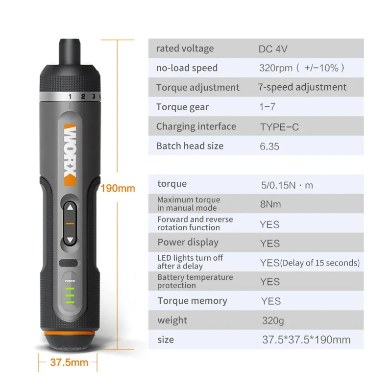 Worx 30 Bit Sets Power Tools WX242 Electrical Screwdriver Set Smart Cordless Drill Screwdrivers USB Rechargeable Set Home Repair view 6