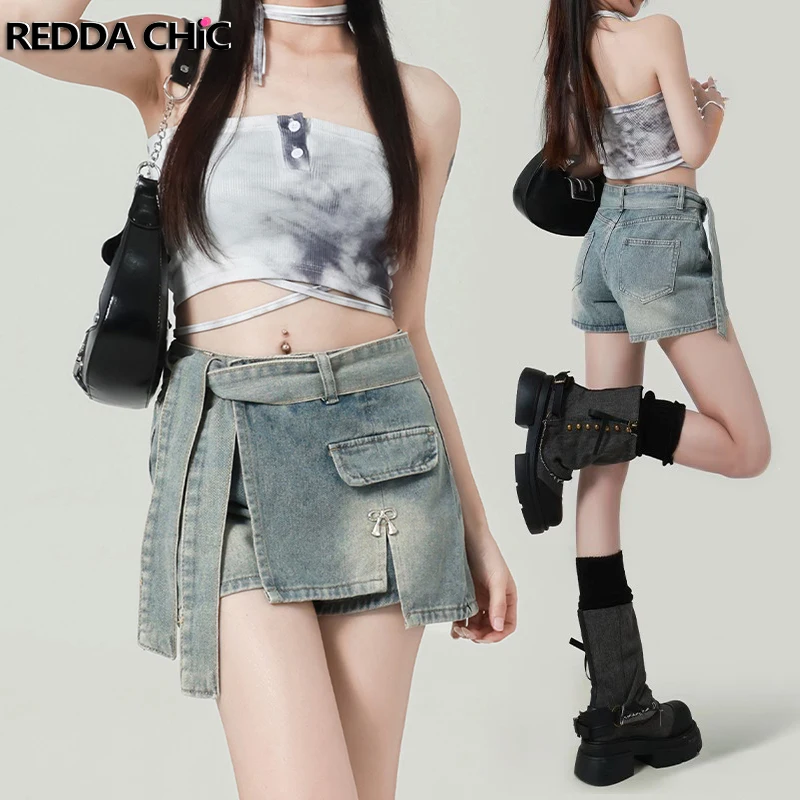 

ReddaChic Bowknot Belted Jeans Skorts for Women Irregular Patchwork Split High Waist A-line Wide Leg Denim Shorts Summer Clothes