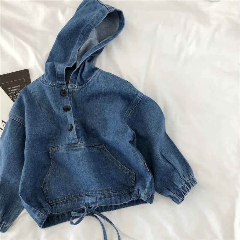 

Hoodie for Children Spring Fall Long Sleeve Denim Hooded Sweatshirt Fashion Sweatshirts New Comfortable Loose Girls Boys Tops
