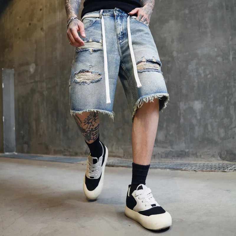 شورت جينز رجالي عالي الشارع مغسول - شورت ممزق بطول الركبة كاجوال بنمط الجرونج ملابس صيفية للشارع
