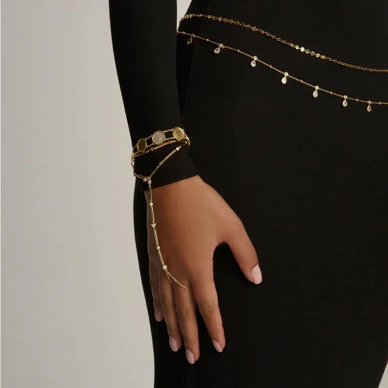 Pave 5A CZ Charm Double Ball Link Chain Bracelet Gold Color Geometric Round Plain Fashion Women Bangle Jewelry