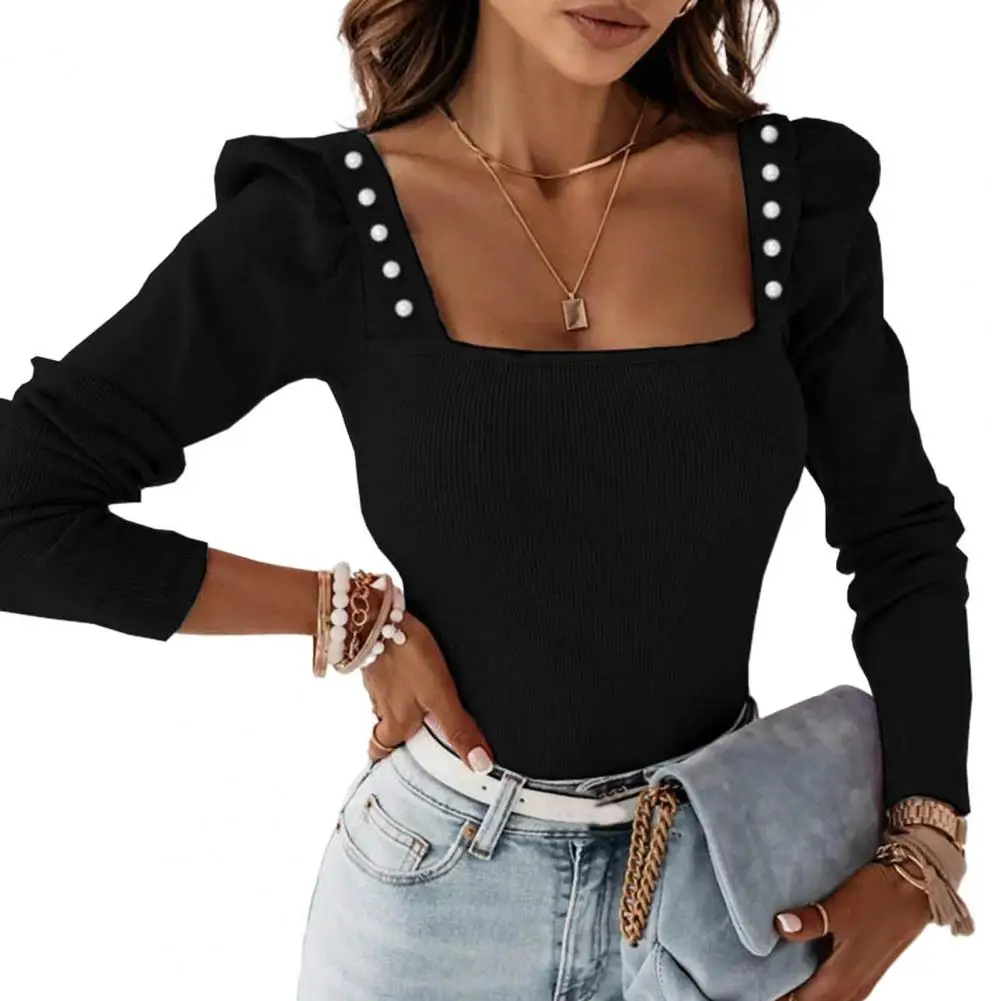 Comfortable Women Top Stylish Women's Knitted Tops with Square Collar Faux Pearl Decor Long Sleeve Pullovers for Winter