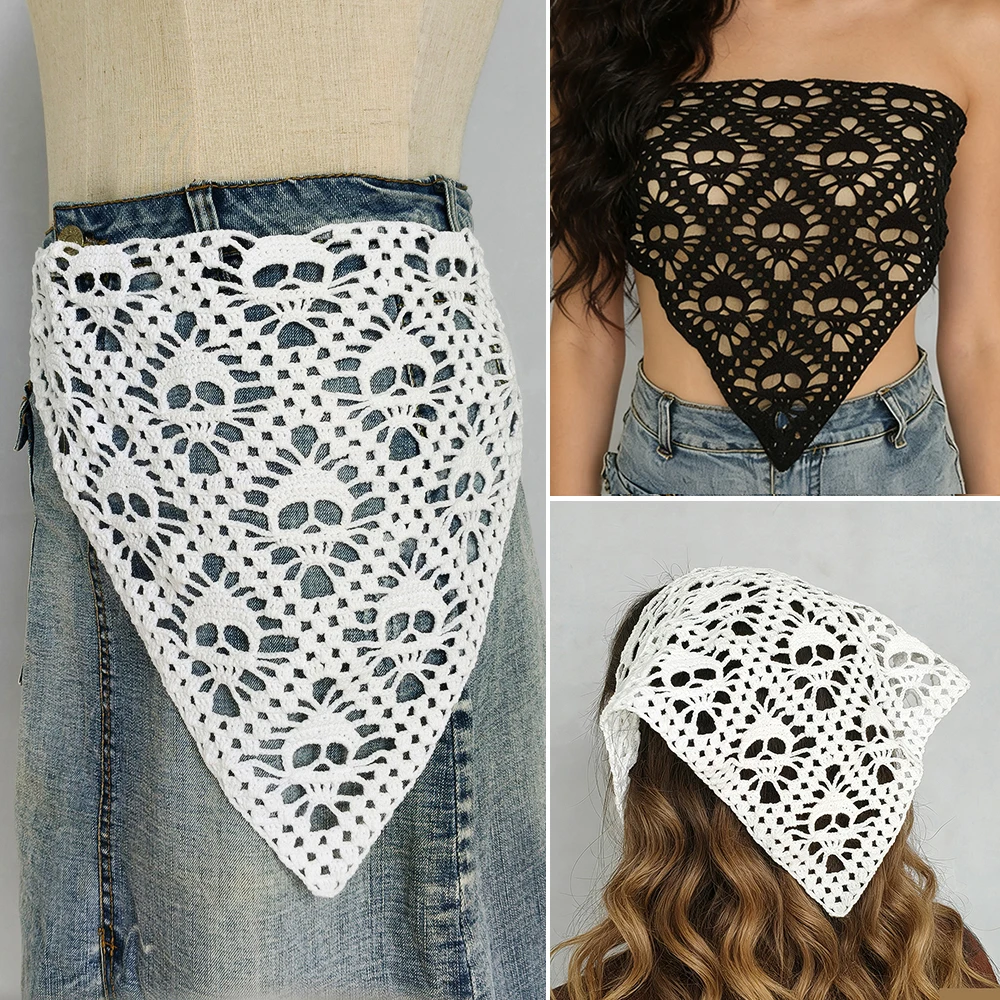 

Crochet Hollow-out Skull Head Triangle Headscarf Women Travel Literary Photo Head Scarf, Chest Scarf, Waist Scarf - 3 in 1