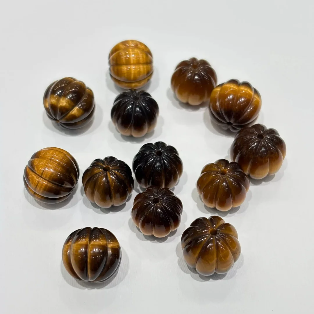 Natural Tiger Eye Carved Pumpkin Bead 15mm with Full Hole 6A 1Piece for DIY Jewelry Making Wholesale Necklace