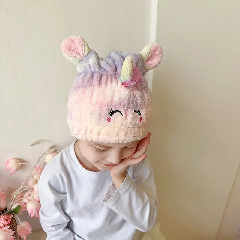 Cute Animal Hair Dry Hat Towel Quick Dry Shower Cap Strong Absorbing Drying Soft Cartoon Duck Rabbit Unicorn Children Hair Hat