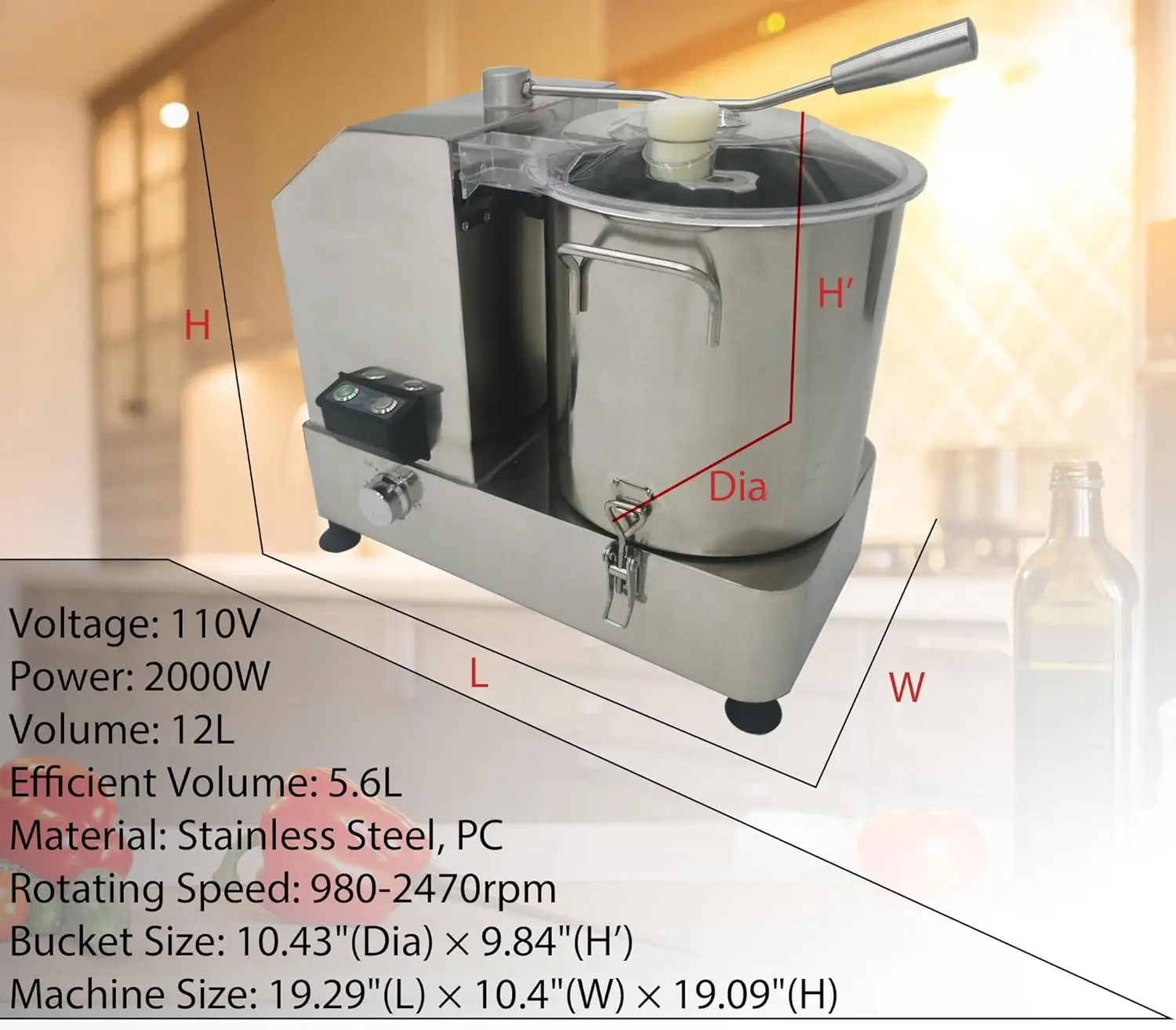 12L Commercial Meat Vegetable 2000W Stainless Steel Electric Vegetable Blender Cutter Meatball Beater Grinder Processing Machine