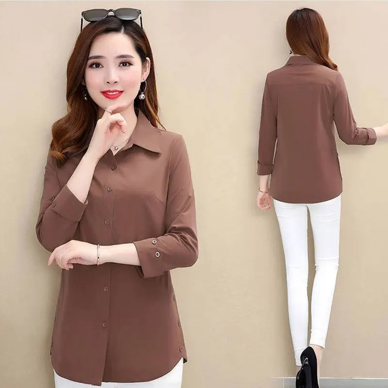 Women\'s Spring Fashion Simplicity Solid Color Polo Collar Long Sleeve Shirts Women Clothes Office Lady All-match Elegant Tops