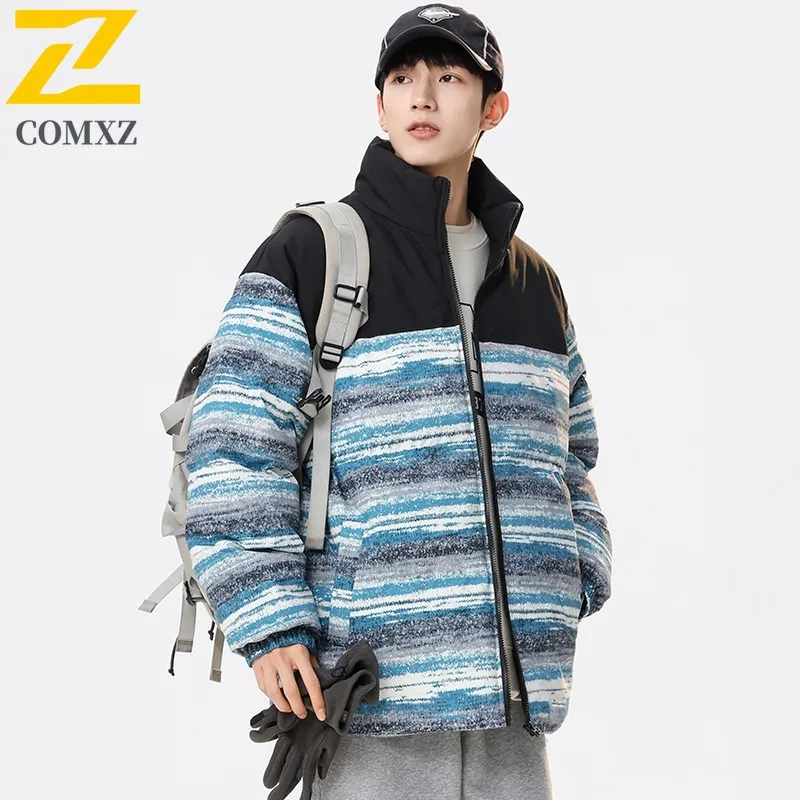 COMXZ 2025 Winter Stand Collar Color Block Padded Coat Unisex Casual Sports Outwear Candy Color Trendy Warm Couple Jacket