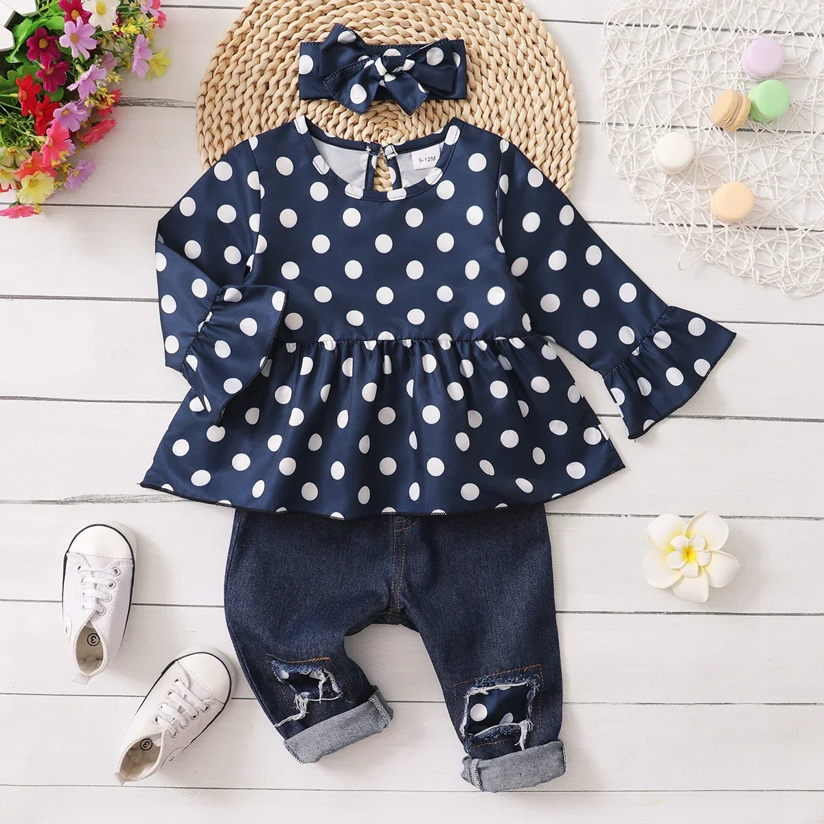 PatPat 3pcs Baby All Over Polka Dots Navy Ruffle Bell Sleeve Top and Cotton Ripped Denim Jeans Set Soft and Comfortable