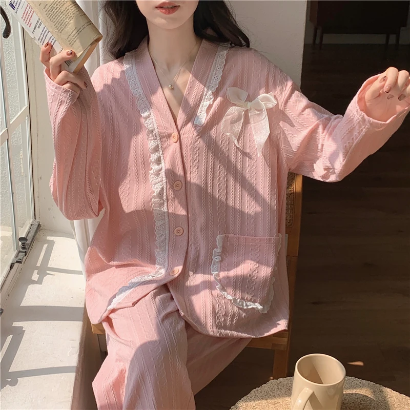 Spring and Autumn Women's Cardigan V-neck Sweet Cotton Pajamas Solid Color Loose Simple Long Sleeve Pajamas Set Home Clothes