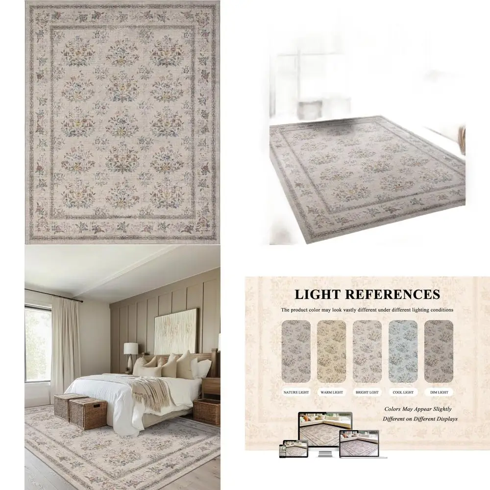 

Винтажный ковер Floral 6x9 — моющийся, нескользящий, с низким ворсом для дома (бежевый)