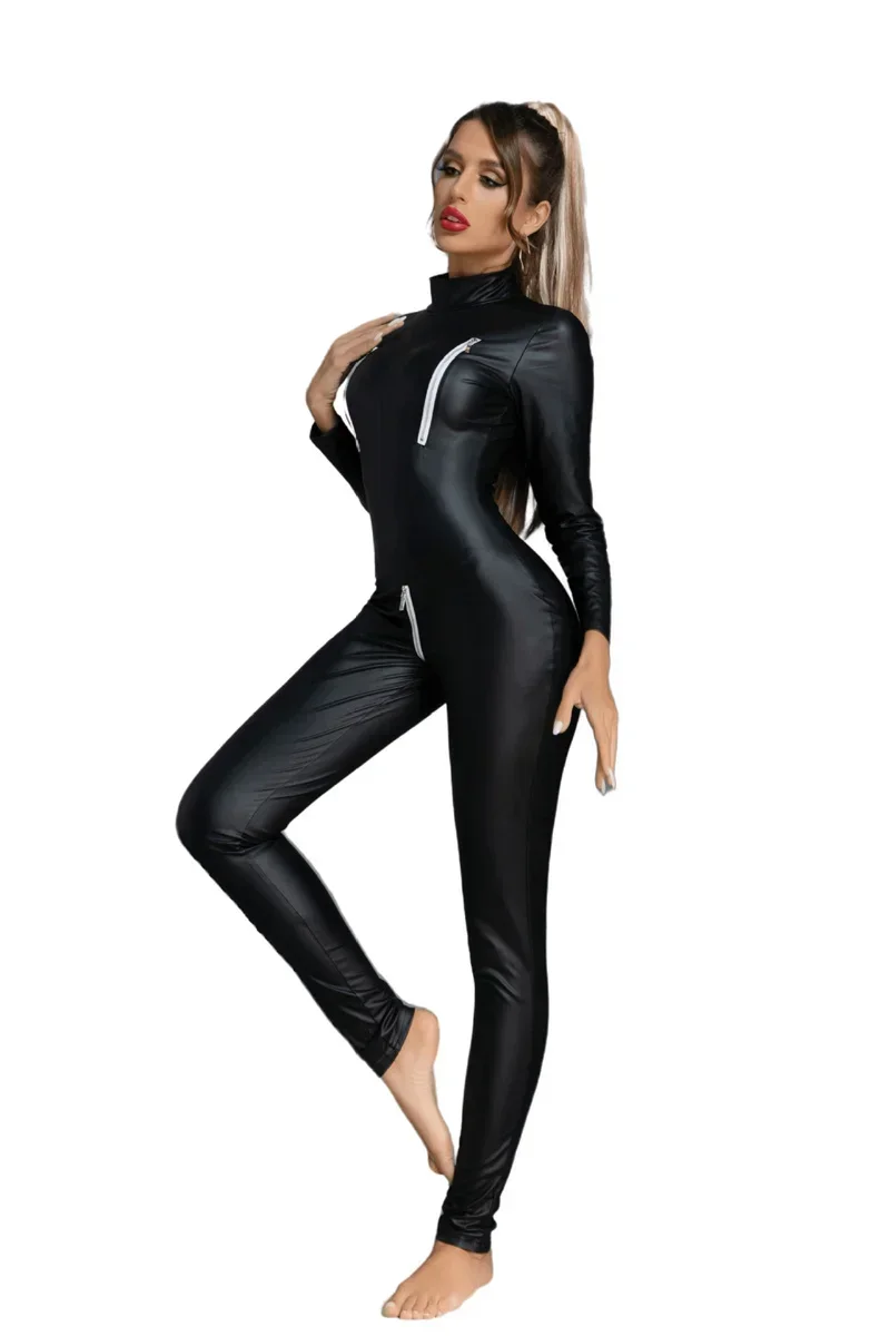 Black Long Sleeve Faux Leather Jumpsuit Zip Open Crotch Catsuits Night Club Sexy Stage Pole Dance Bodysuit