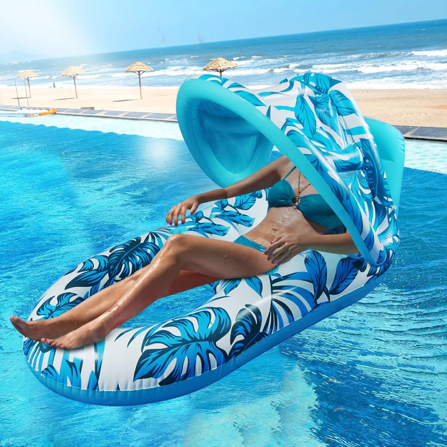 

3-in-1 Pool Floats Lounge Inflatable Pool Floats for Adults with Canopy and Cup Holder for Swimming Pool Beach Lake Vacation