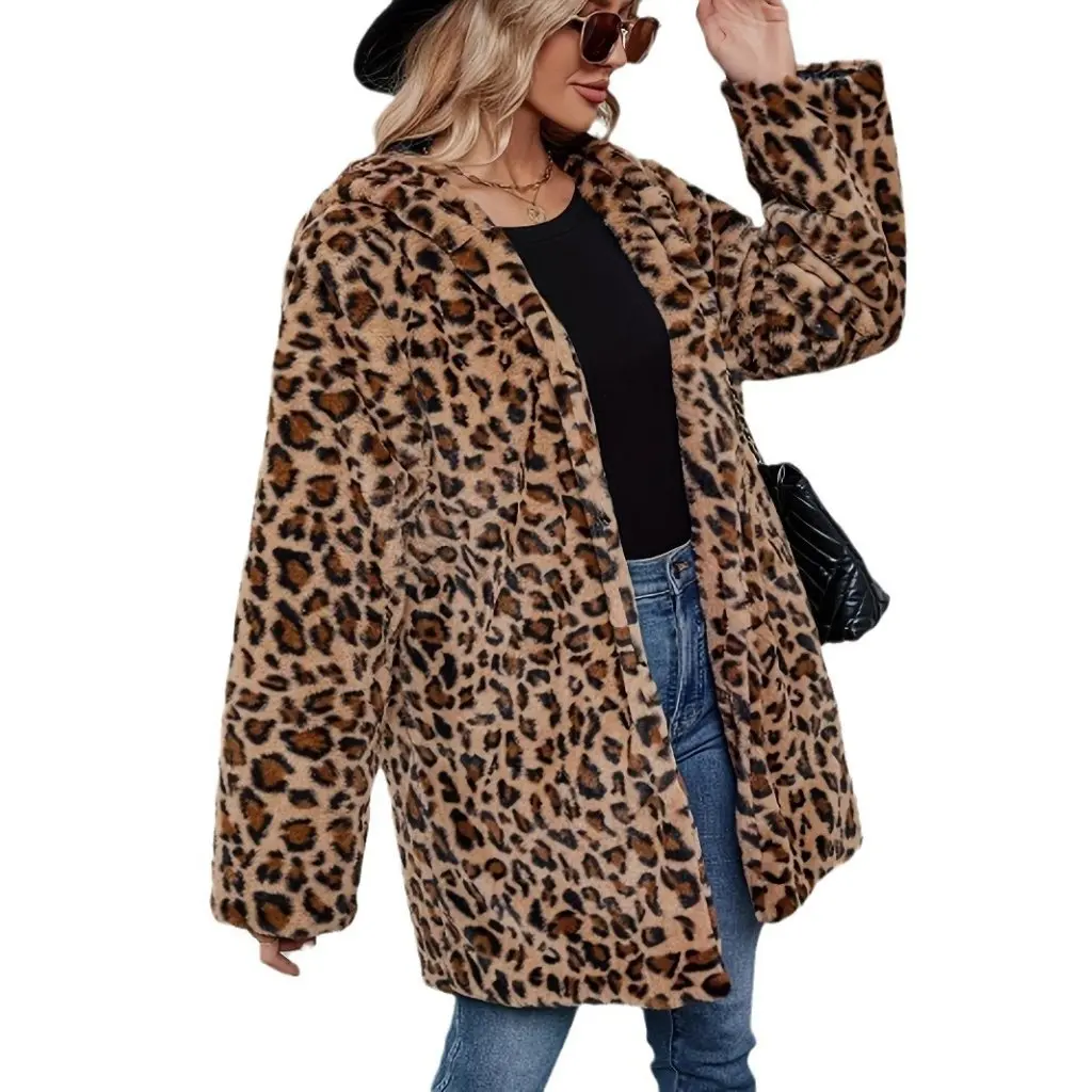 

Длинная женская куртка с леопардовым принтом и капюшоном, свободная верхняя одежда в европейском и американском стиле на осень и зиму