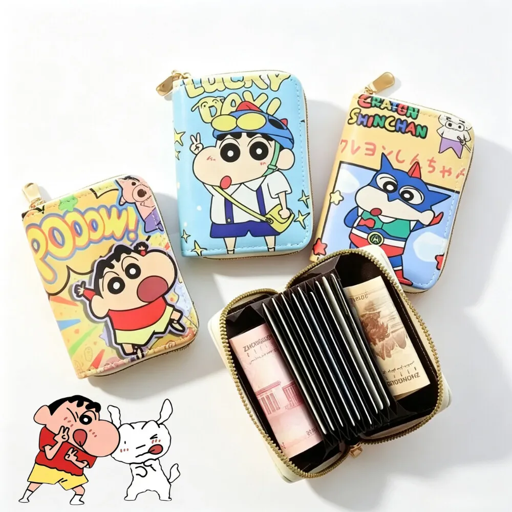 Porte-cartes accordéon Crayon Shin-chan tendance, multi-fentes, grande capacité, avec fermeture éclair, sac de rangement pour documents d'identité, portefeuille étudiant, cadeau